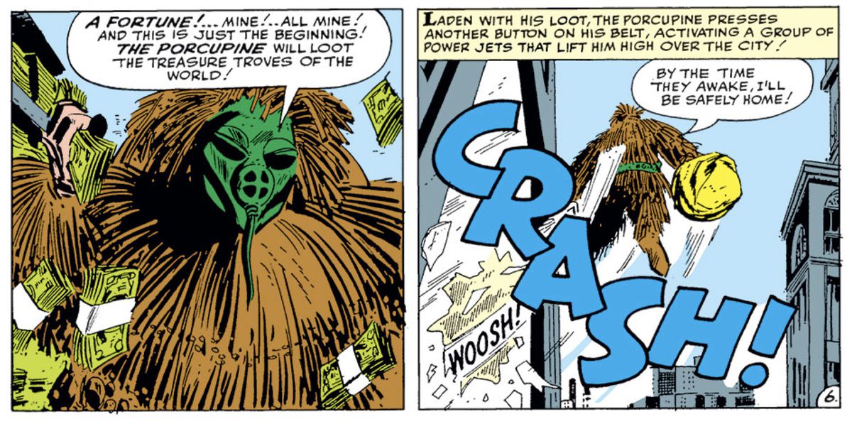 Il Porcospino usa le sue penne da jet per sfuggire a una rapina con i suoi guadagni illeciti in Tales to Astonish # 48 (1963). 