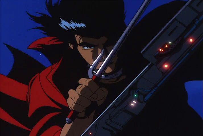 Un personaggio dell'anime con un cappotto rosso con i capelli a punta brandisce una sciabola di metallo e lo guarda minaccioso.