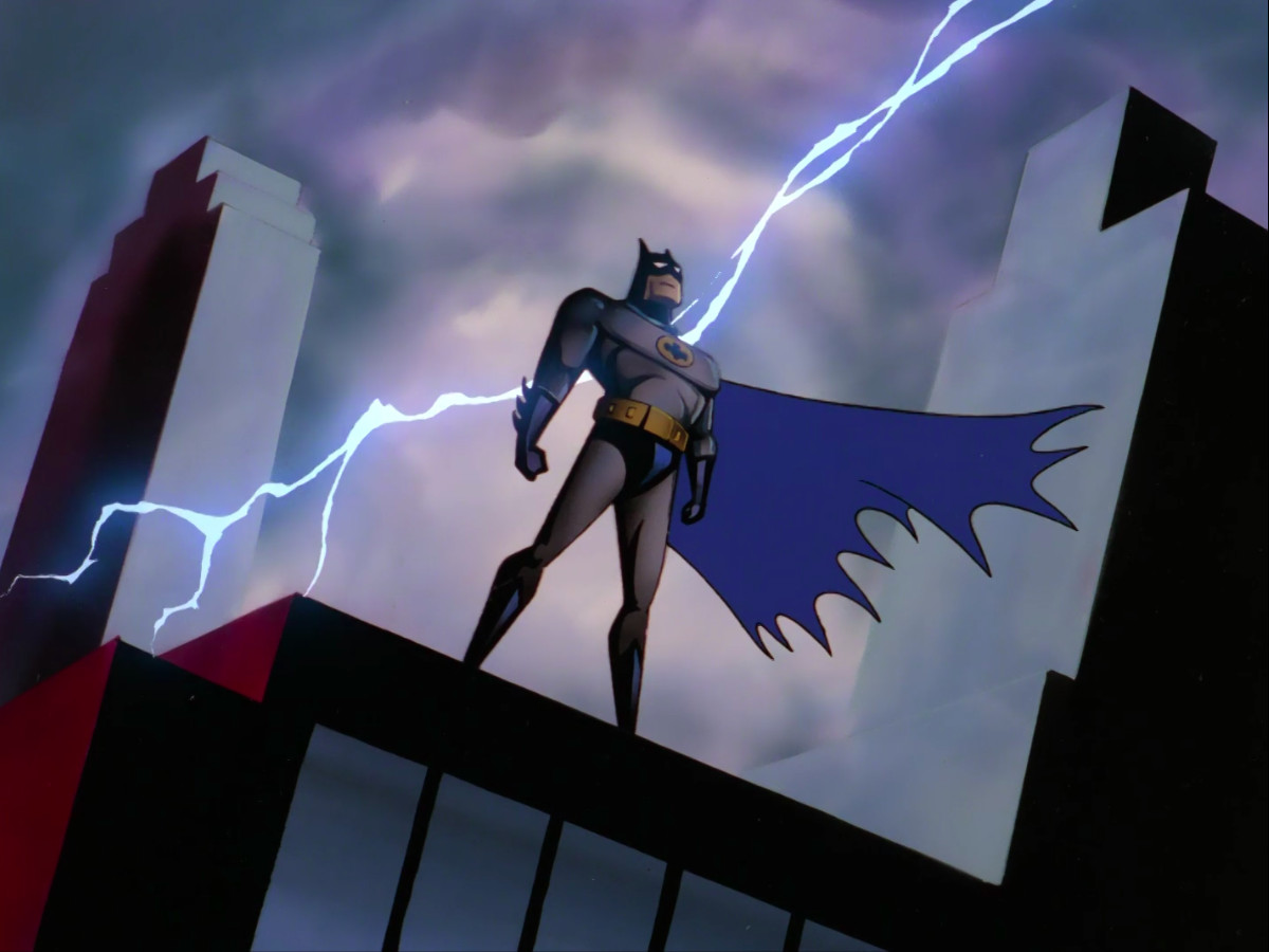 Ancora di Batman in piedi su un edificio con una serie di fulmini sullo sfondo dalla sequenza tematica di Batman: The Animated Series.