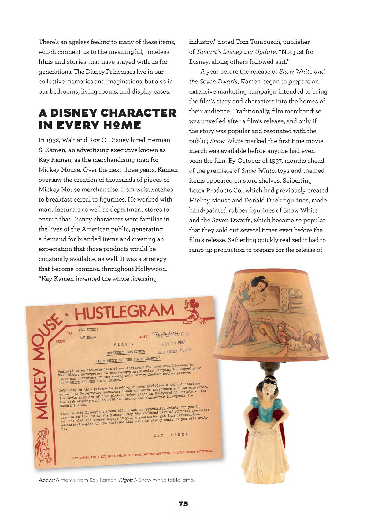 una pagina di Disney Princess: Beyond the Tiara;  contiene principalmente testo, ma c'è anche un telegramma che descrive gli sforzi di merchandising della Disney con Biancaneve e una lampada a forma di Biancaneve