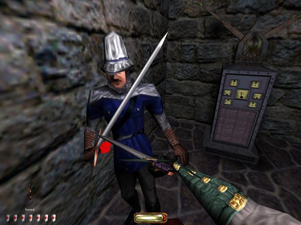 Garrett, il protagonista di Thief 2: The Metal Age, affronta un soldato nemico dopo essere uscito dalla furtività