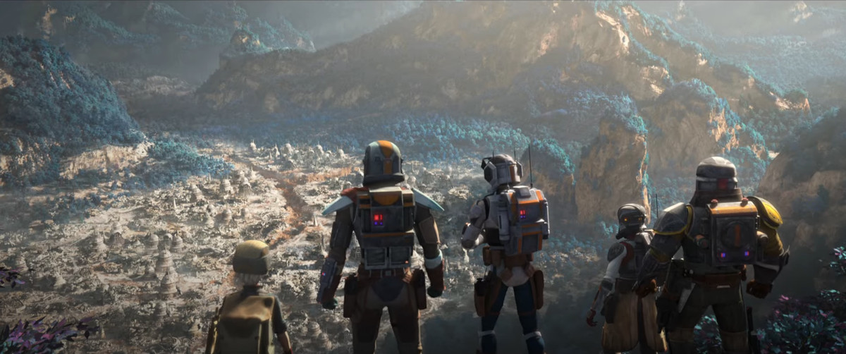 Diversi membri di Clone Force 99 si trovano di fronte a una valle nella stagione 2 di The Bad Batch