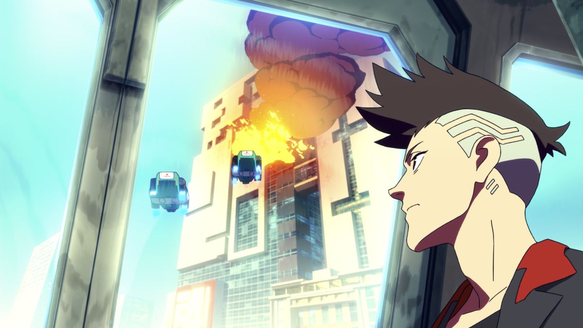 Un personaggio dell'anime che fissa da una finestra due hovercraft paramedici che volano verso un grattacielo in fiamme.