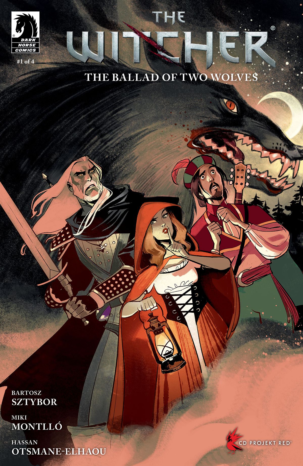 Geralt, Dandelion e una figura che sembra Cappuccetto Rosso si trovano di fronte a un lupo mannaro sulla copertina di The Witcher: The Ballad of Two Wolves #1. 