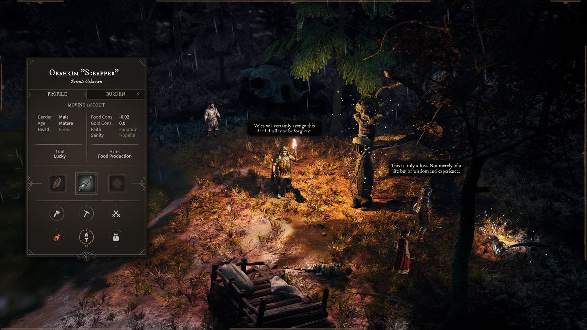 Uno screenshot in-game di Gord, in cui un personaggio tiene in alto una torcia e altri osservano un cadavere di notte
