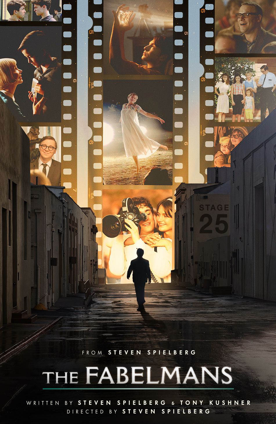 La locandina del film The Fabelmans, raffigurante varie scene del film che circondano una singola figura stagliata che si muove attraverso un lotto di uno studio cinematografico