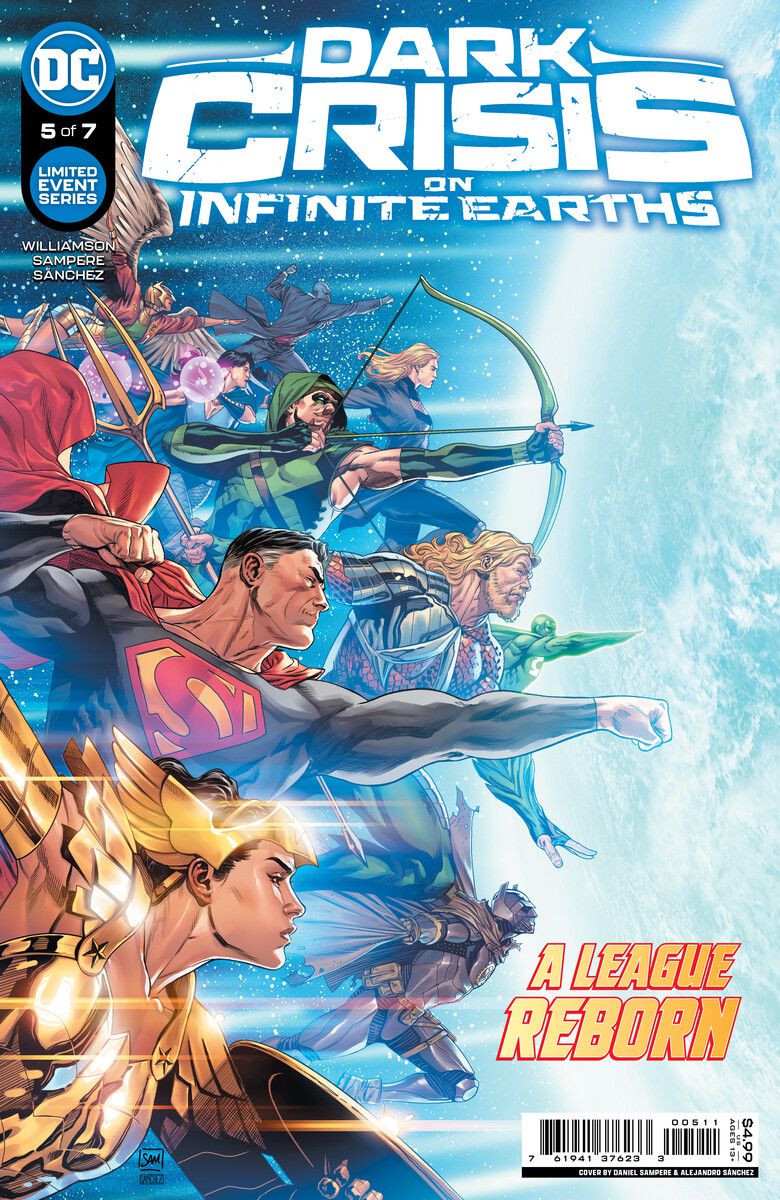 La Justice League vola insieme verso un mondo luminoso simile alla terra con il testo 