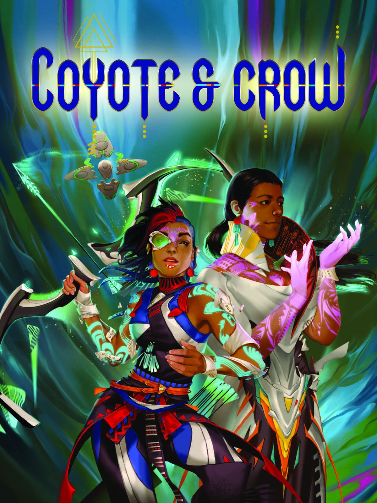 Copertina di Coyote & Crow che mostra i discendenti dei nativi americani precolombiani vestiti con un'armatura colorata.
