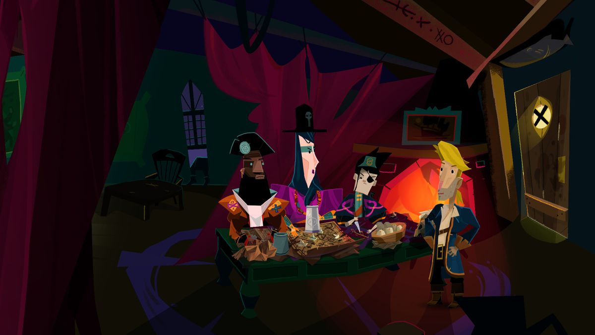 Guybrush e un equipaggio di pirati nella cabina di una nave in Return to Monkey Island