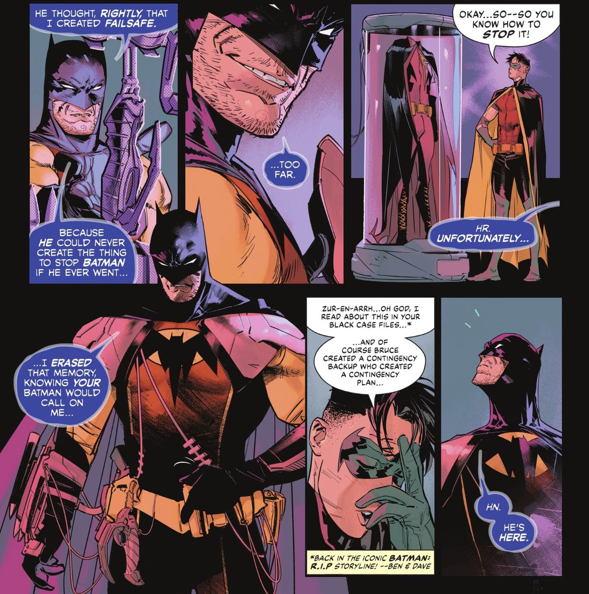 Il Batman di Zur-En-Arrh spiega che ha creato Failsafe e che Batman lo ha tirato fuori per disattivare Failsafe.  Tim Drake/Robin lo assorbe sfinito.  