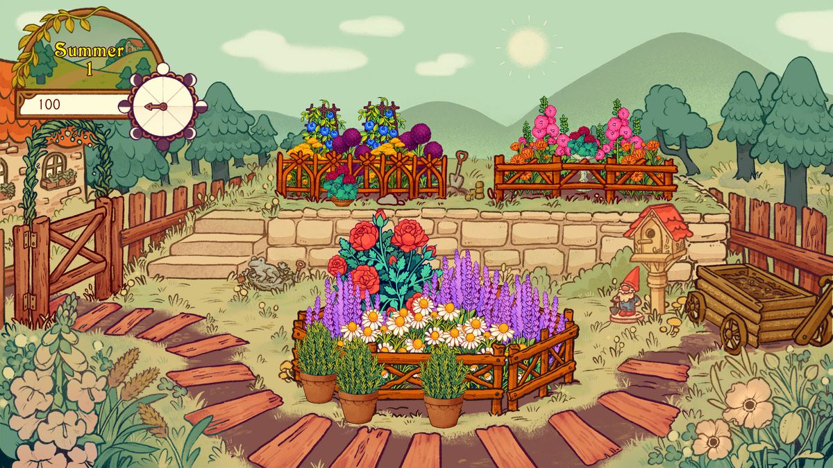 Una scena di giardino illustrata e lussureggiante con colori tenui e luminosi.  I fiori sono al centro, con un sentiero di legno intorno