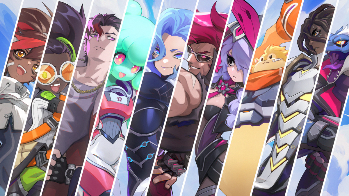 Omega Strikers - Il roster di partenza di Omega Strikers, che mostra una scheggia di arte dei personaggi per i primi 10 personaggi giocabili.