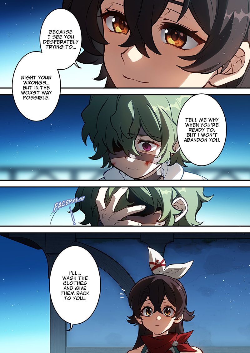 Pannelli del manga Genshin Impact che mostrano Collei e Amber che hanno una conversazione che stimola la loro amicizia.