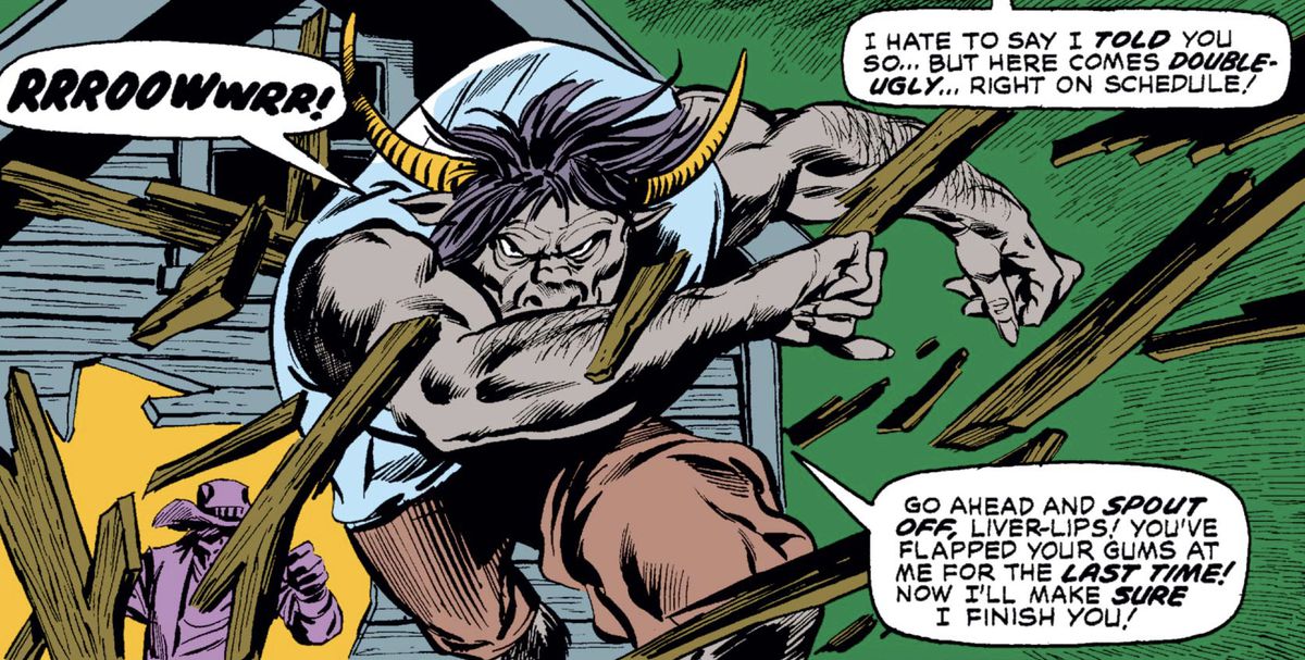 Un uomo-toro arrabbiato irrompe attraverso una recinzione in Daredevil # 79 (1971). 