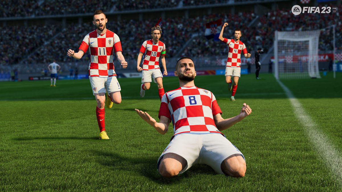 Il numero 8 della nazionale croata, con le sue distintive divise a scacchi biancorosse, festeggia un gol in FIFA 23
