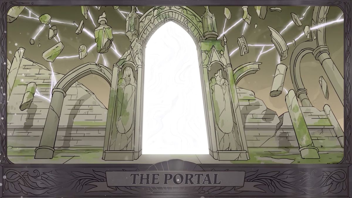 Un portale si trova sull'erba verde, uno spezzato e un solido arco che lo sostiene.  I fulmini riempiono l'aria e frammenti disparati di un tempio più grande galleggiano in mezzo a una griglia di fulmini magici.