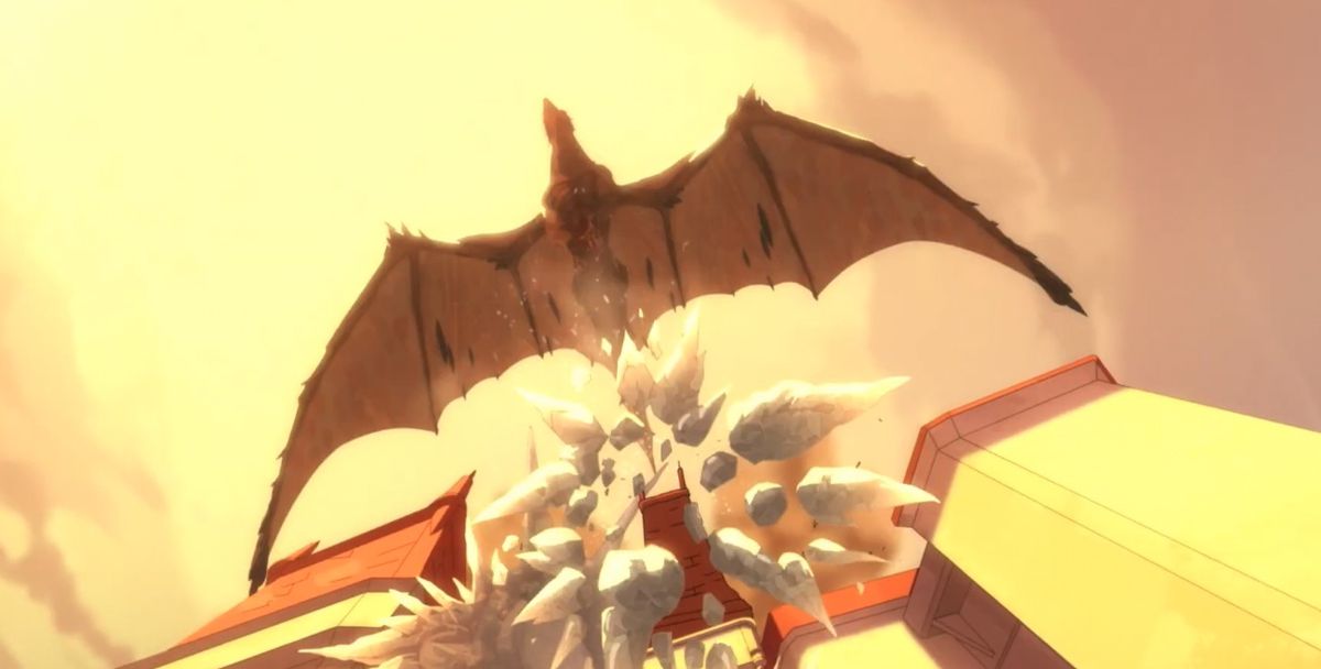 Un drago piomba su un castello e lancia lance di ghiaccio che cadono dal cielo in Legend of Vox Machina