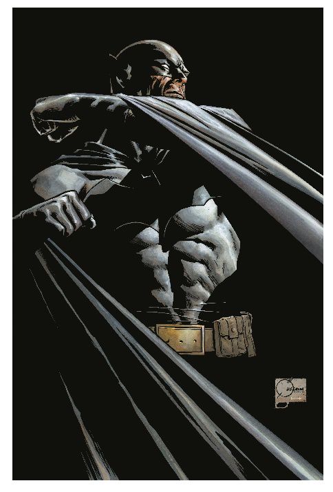 Un'illustrazione di Batman dell'artista Joe Quesada, raffigurante il personaggio su uno sfondo nero, che solleva drammaticamente il mantello sotto il mento mentre è rivolto verso il lato destro della pagina.