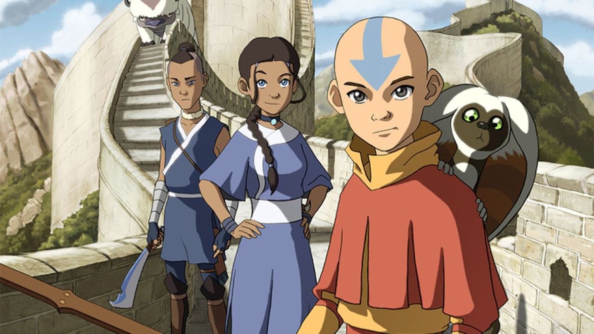 Arte chiave di Aang, Katara, Sokka, Momo e Appa da Avatar: The Last Airbender.