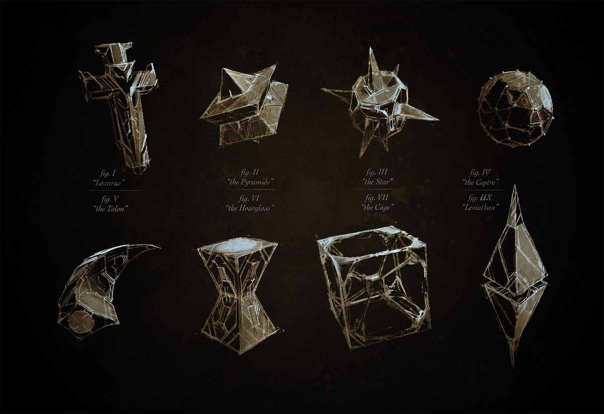 Diversi progetti in corso per la scatola del puzzle in Hellraiser (2022), tra cui una croce, una piramide e una sfera con punte.