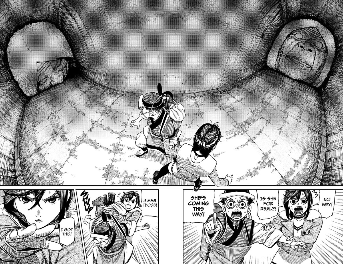 Due facce realistiche di una vecchia occupano entrambi i lati di un tunnel curvo con Ayase e Takakura in mezzo.  Si preparano a usare le loro abilità, ma sono scioccati nel vedere le teste.