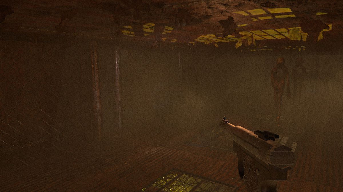 Il protagonista esplora una stanza nebbiosa in una fogna con diverse creature che incombono sullo sfondo in Lost in Vivo