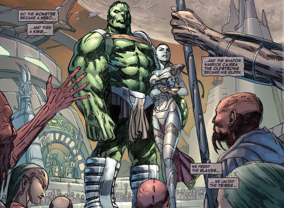 Hulk e Caiera stanno in piedi davanti ai giubilanti Sakaarani in Skaar: Son of Hulk # 1 (2008). 