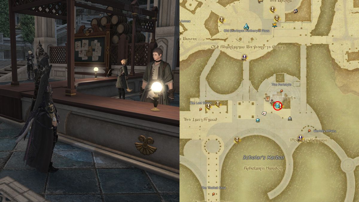 A sinistra, il personaggio di un giocatore si avvicina a un NPC in una taverna in Final Fantasy XIV, mentre una mappa copre il lato destro dell'inquadratura.