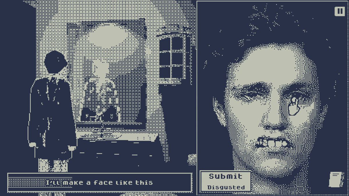 Il giocatore si guarda allo specchio nei panni di William, il protagonista di Who's Lila.  Sul lato destro dello schermo, manipolano il suo viso per fare un'espressione disgustata.