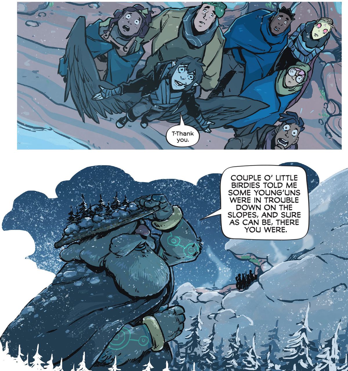 Gli eroici adolescenti di Wynd: Throne in the Sky # 3 (2022) guardano una persona barbuta così enorme che i pini crescono sul loro cappello.  