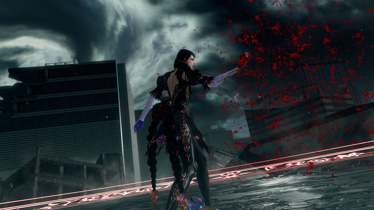 Mentre una città grigia e nuvolosa cade in rovina sullo sfondo, Bayonetta si allunga per toccare una nuvola di scintillii rossi nel vento in Bayonetta 3