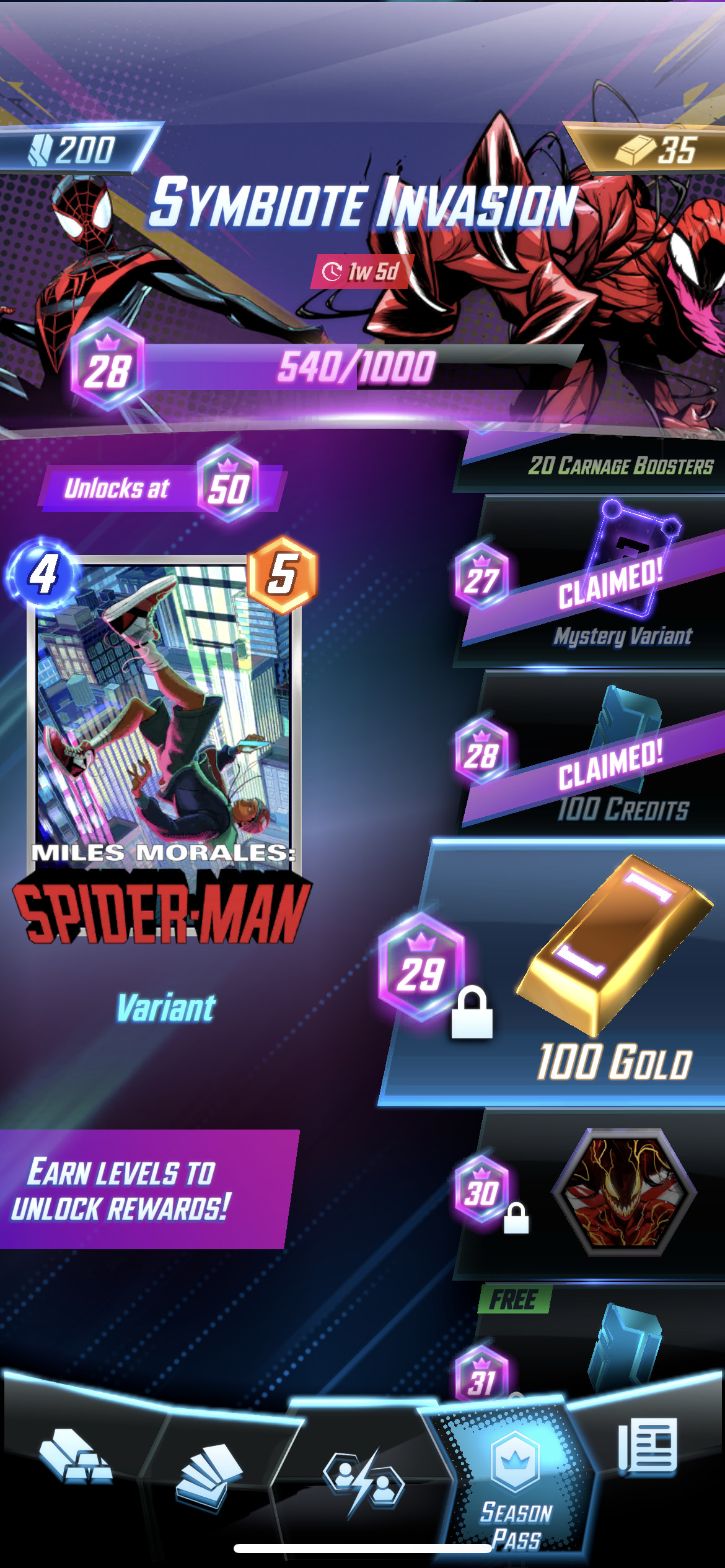 Un menu in Marvel Snap raffigurante alcuni dei livelli del Season Pass che possono essere sbloccati per ottenere ricompense, come una variante di Spider-Man raffigurante Miles Morales