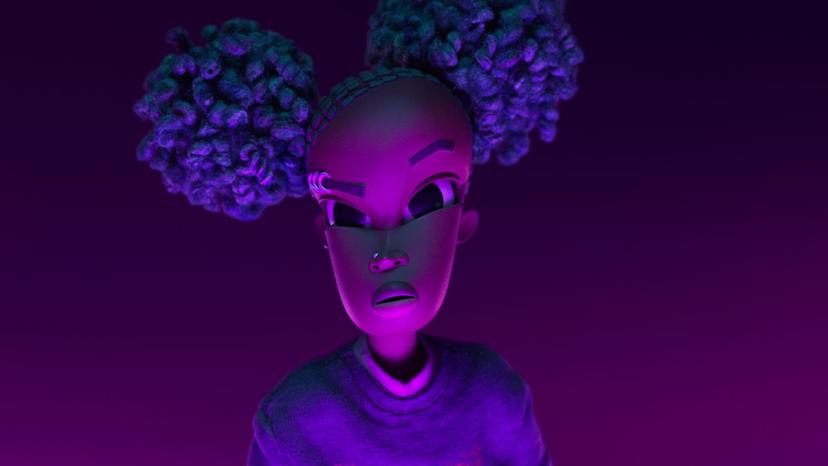 La protagonista di 13 anni Kat, una ragazza di colore con i capelli raccolti in grandi sbuffi rotondi simmetrici, si trova in una luce viola intenso e guarda la telecamera nel film d'animazione in stop-motion Wendell & Wild
