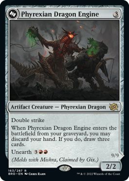 La carta Phyrexian Dragon Engine di Magic mostra un'imponente arma d'assedio, un carro armato a sei gambe che affronta un enorme arbalest umanoide.  La creatura artefatto ha un doppio attacco.