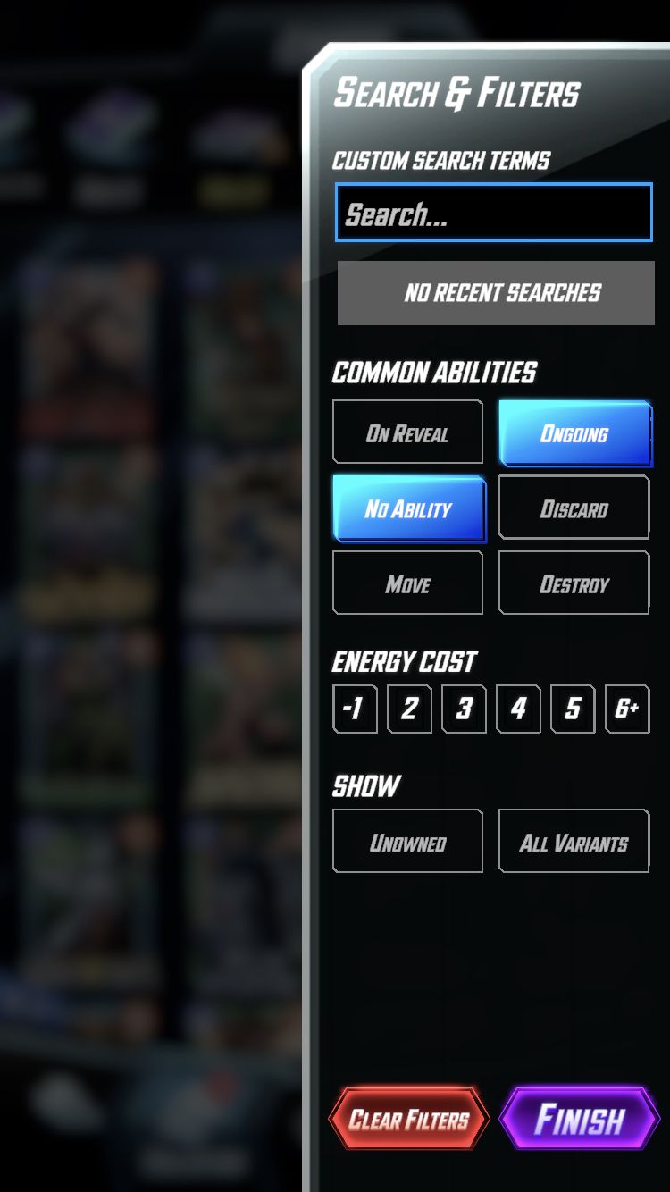 I menu dei filtri Marvel Snap mostrano una serie di opzioni per ridurre al minimo il numero di carte visualizzate attivamente nella libreria delle carte.