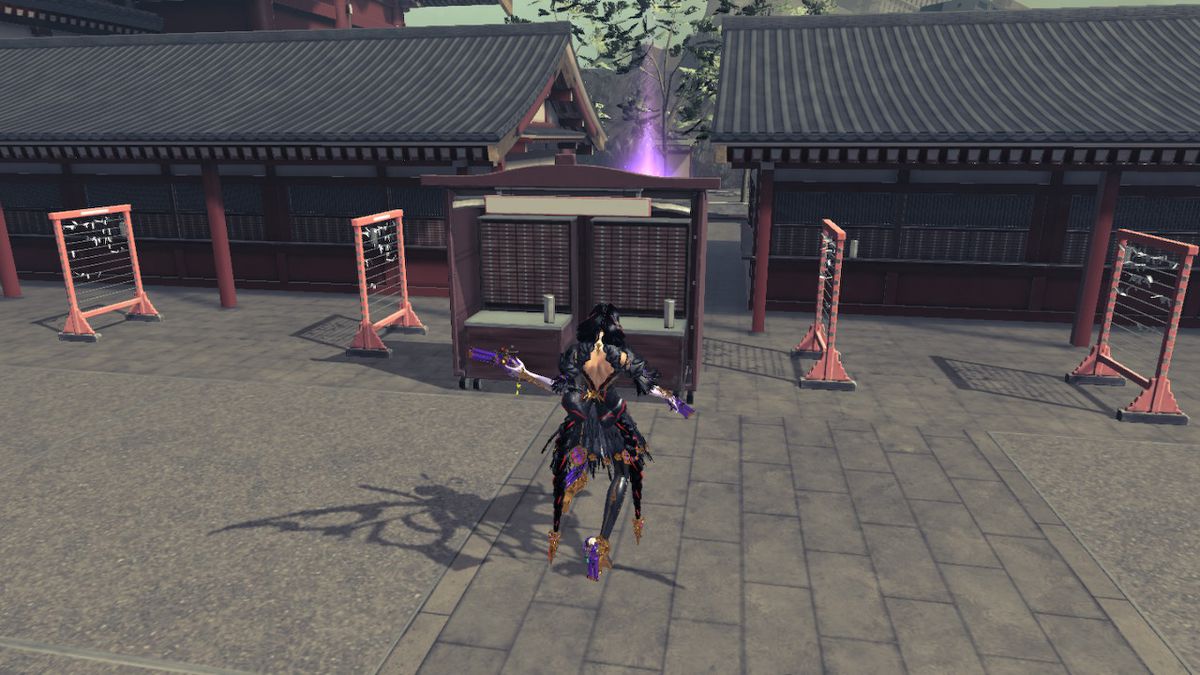 Bayonetta si trova di fronte a un santuario in Bayonetta 3.