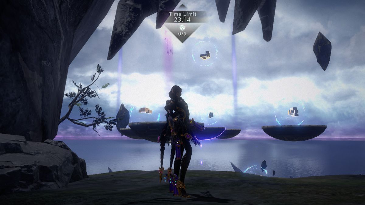 Bayonetta si trova vicino ad alcune piattaforme galleggianti mentre il cielo viola incombe sullo sfondo in Bayonetta 3.