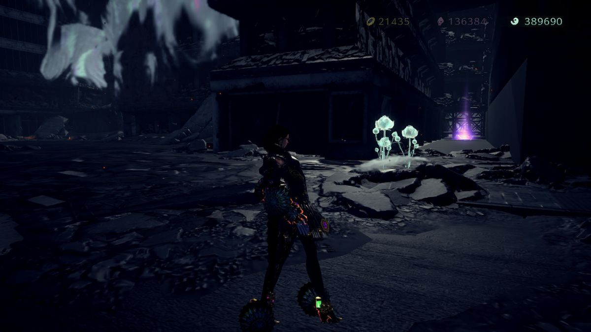 Bayonetta si trova in una grotta vicino a una Perla della Luna Spezzata e ad alcuni funghi luminosi.