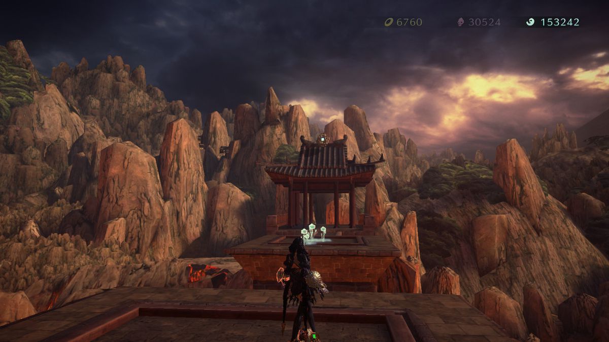 Bayonetta si erge su un bastione del castello e osserva un santuario in Bayonetta 3.