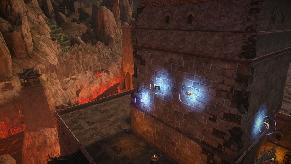 Un bastione del castello mostra cinque sfere luminose in Bayonetta 3.