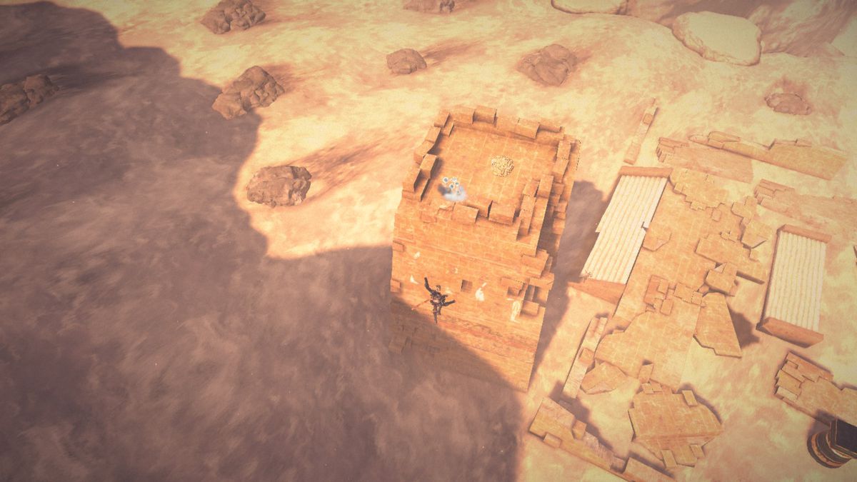 Viola salta su una torre nel mezzo di un deserto a Bayonetta 3.