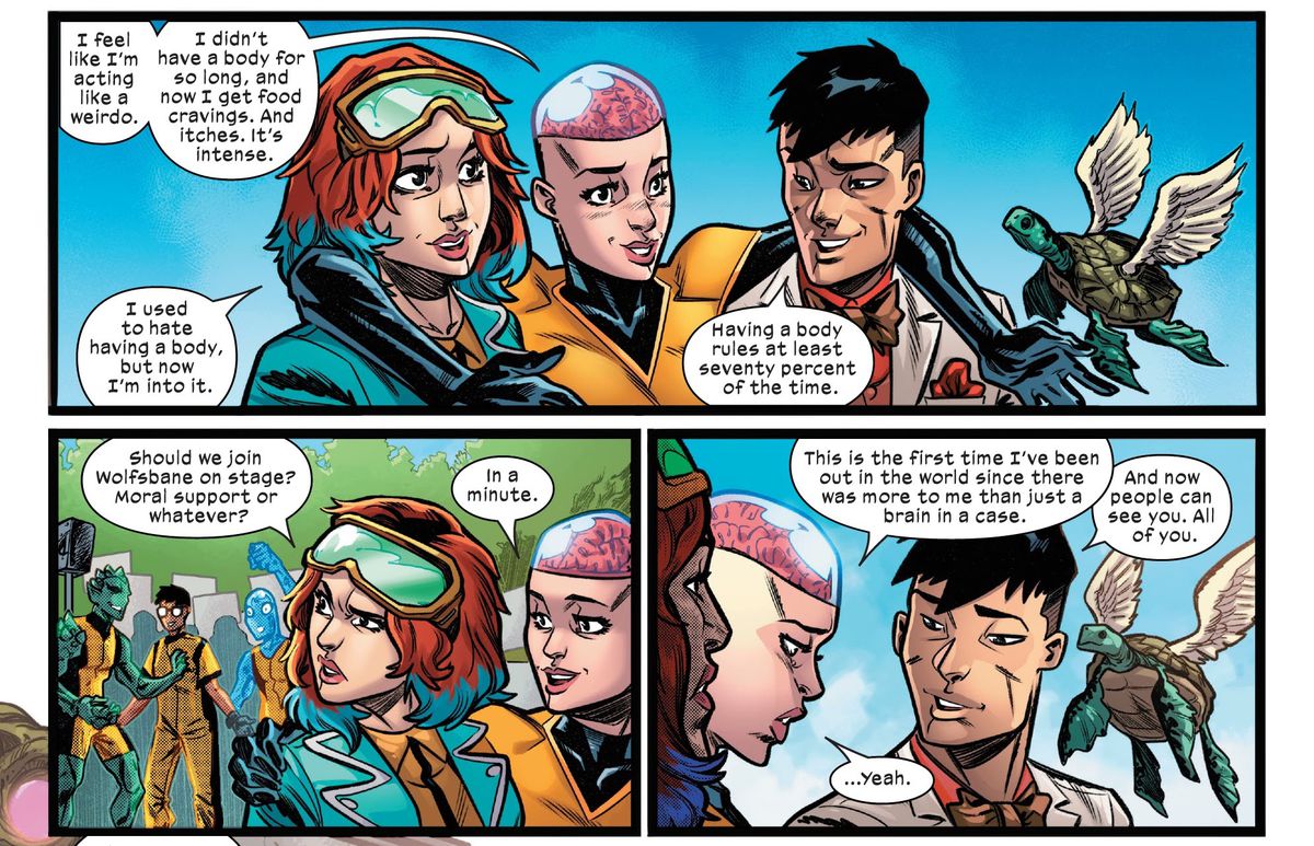 Escapade, Cerebella e Morgan Red parlano della loro relazione con l'avere dei corpi, come una donna trans, una persona non binaria e una ragazza che fino a poco tempo fa era un cervello disincarnato in New Mutants # 31 (2022). 