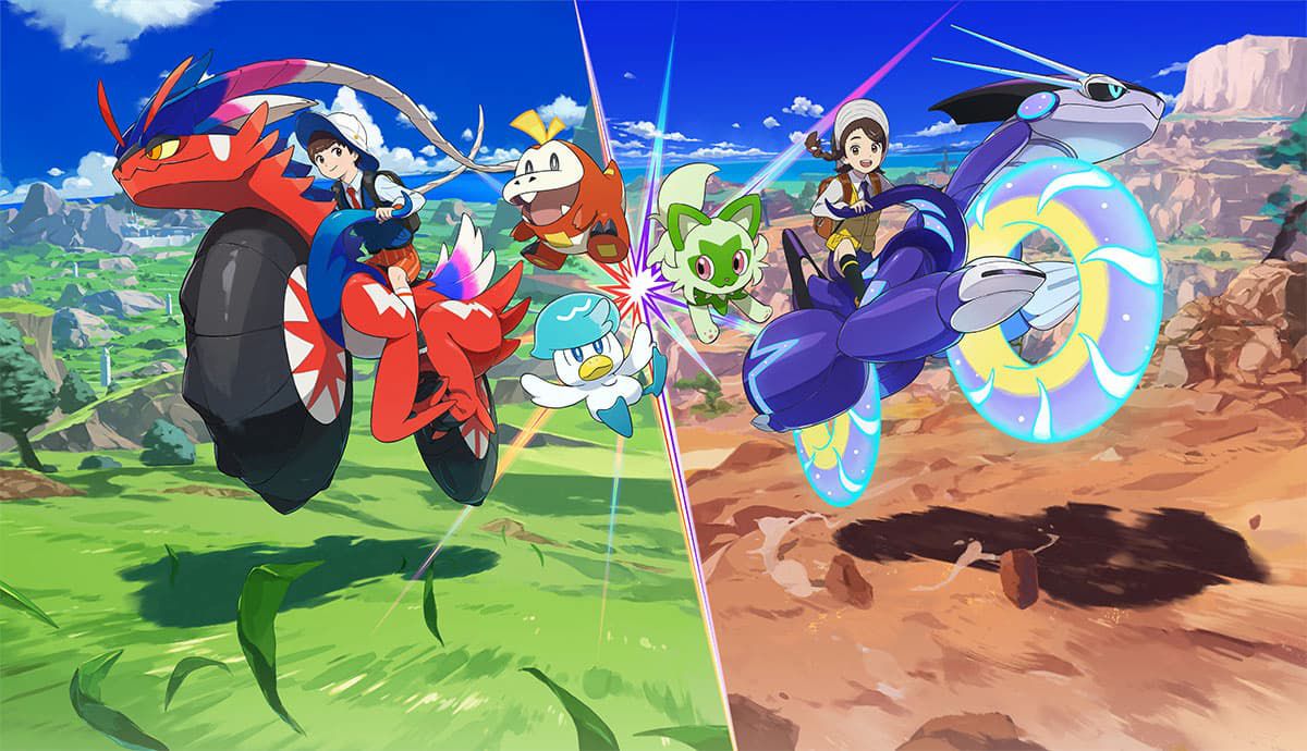 Due allenatori di Pokémon cavalcano Koraidon e Miraidon, con Sprigatito, Fuecoco e Quaxly in mezzo, in un artwork di Pokémon Scarlet e Violet