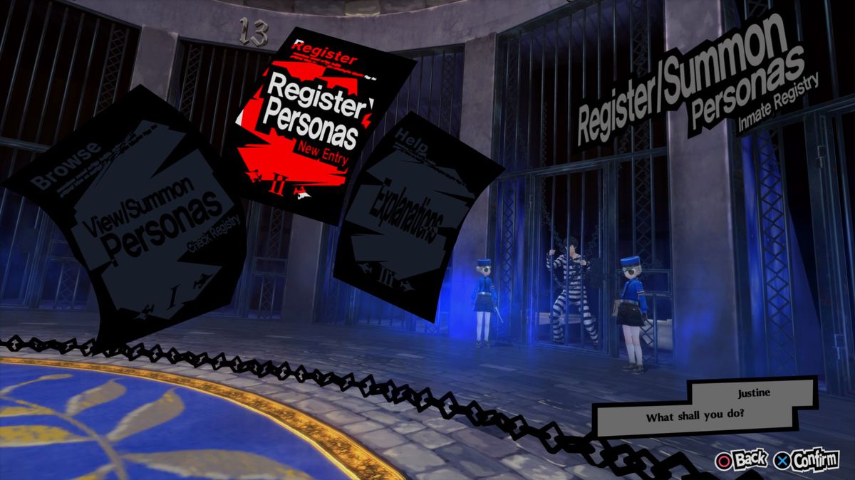 Un menu dell'interfaccia utente rosso, nero e bianco nella stanza di velluto molto blu, che richiede al giocatore di registrare le persone