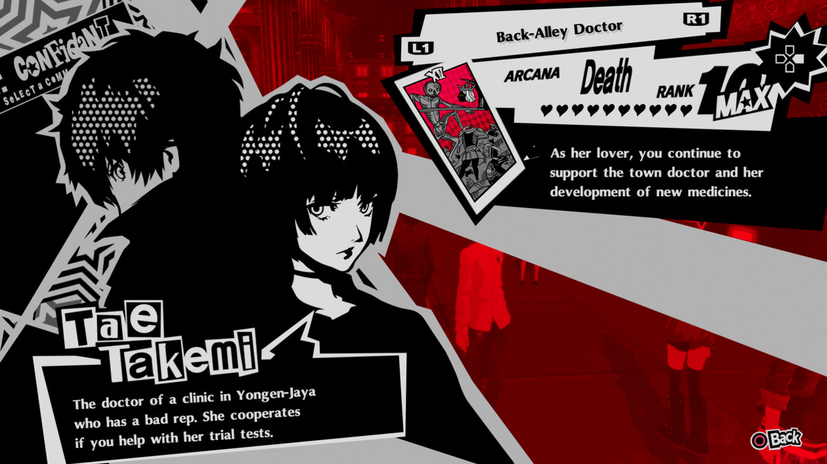 Un'interfaccia utente nera, bianca e rossa che mostra la relazione di Joker con il dottore, Tae Takemi