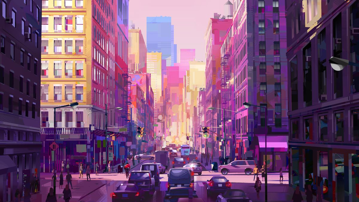 Uno sfondo animato colorato di un incrocio di New York City.