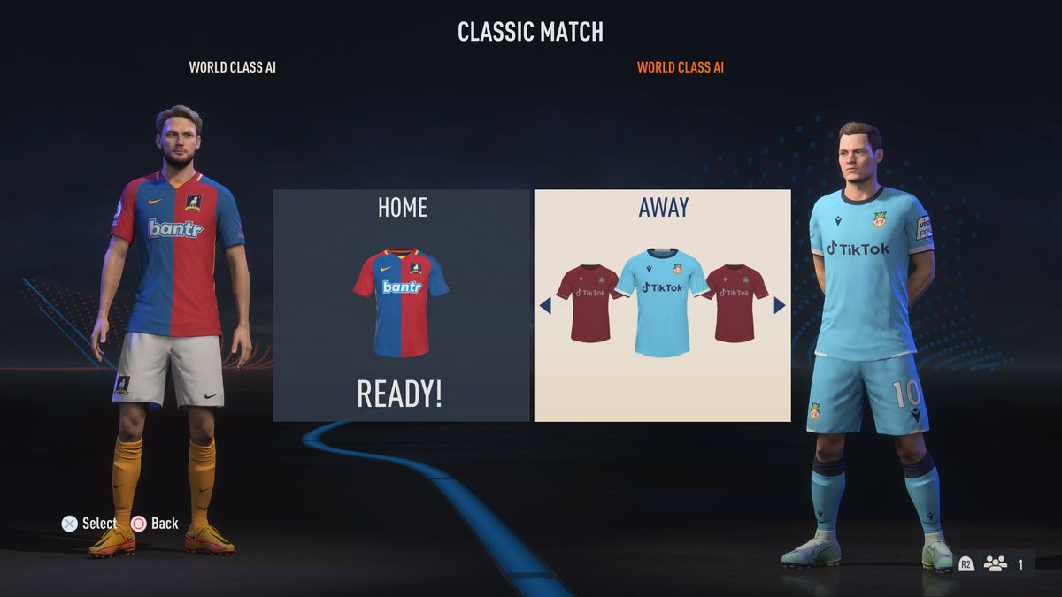 La schermata di selezione della squadra di FIFA 23 mostra AFC Richmond a sinistra con divise rosse e blu e Wrexham AFC a destra in azzurro