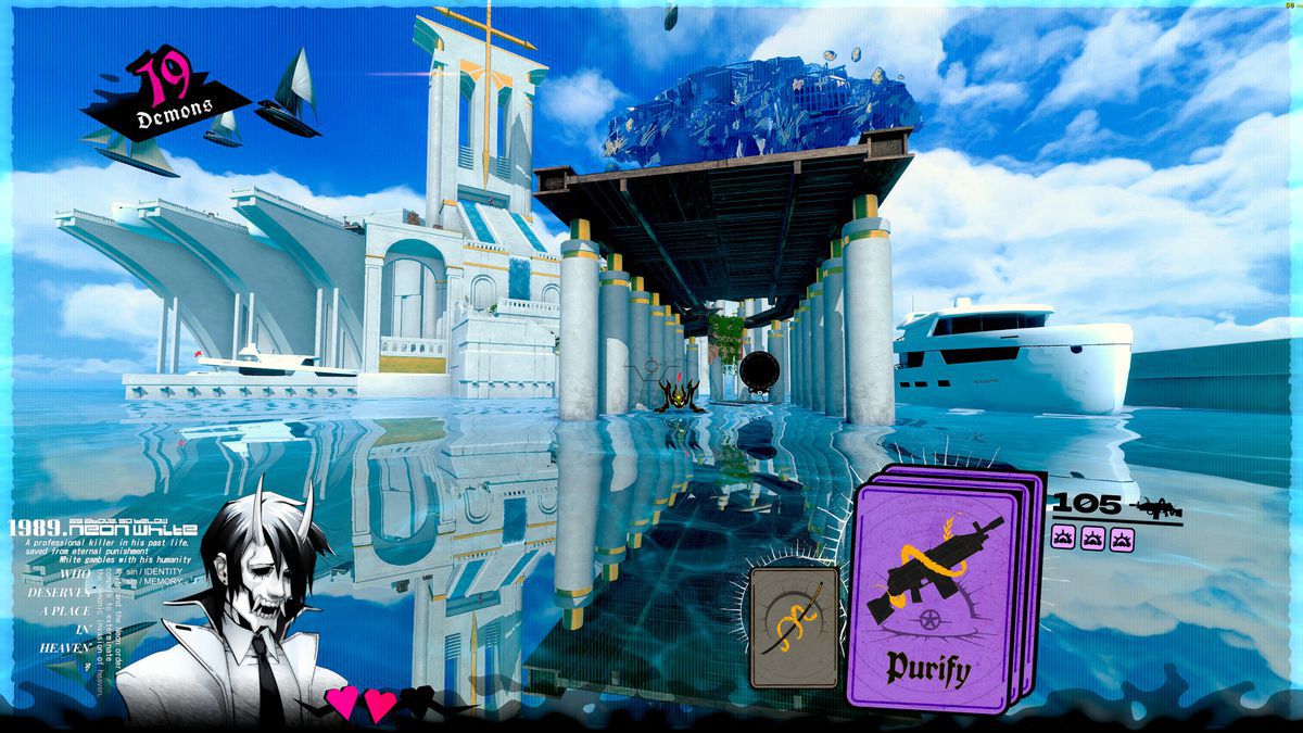 Saltare attraverso uno dei livelli di Neon White.  Un demone illustrato è nell'angolo in basso a sinistra dello schermo.  Il livello è mostrato in grafica 3D.  Il pavimento sembra acqua e l'edificio in primo piano sembra complesso, con molti pilastri.