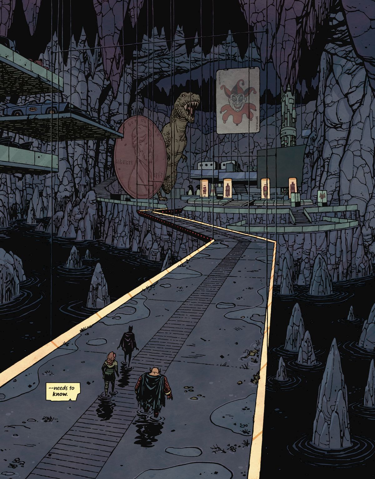 Catwoman, Poison Ivy ed Etrigan the Demon camminano attraverso la Batcaverna allagata in un'enorme immagine di una pagina in Catwoman: Lonely City #4 (2022). 