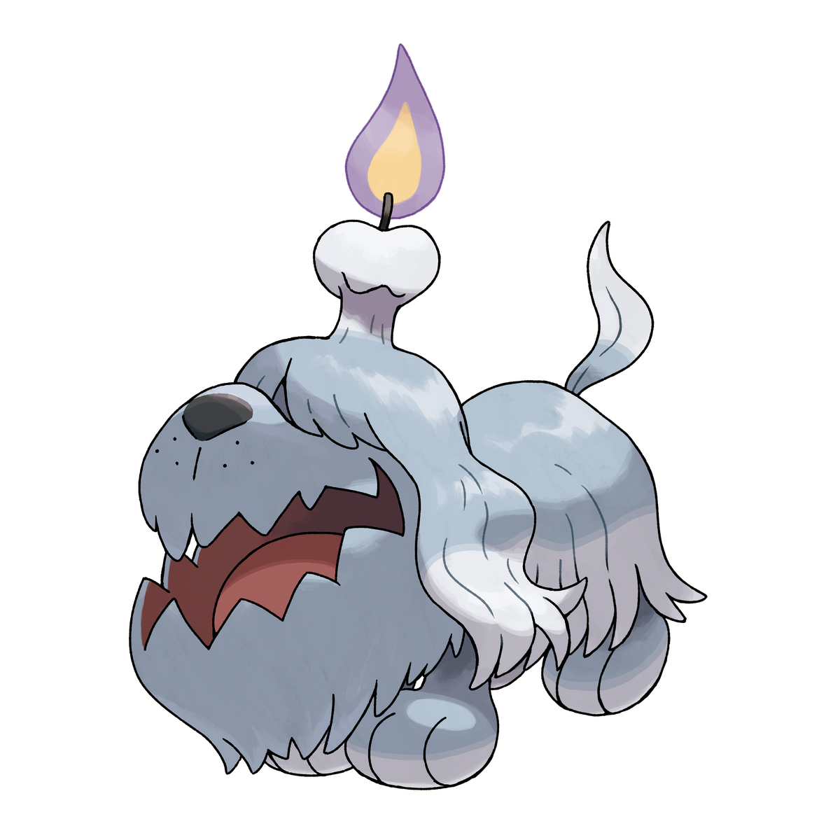 Un'illustrazione di Greavard, il Pokémon Cane fantasma.  È un grosso cane irsuto con una mascella seghettata, grandi piedi rotondi e una candela accesa sulla testa.